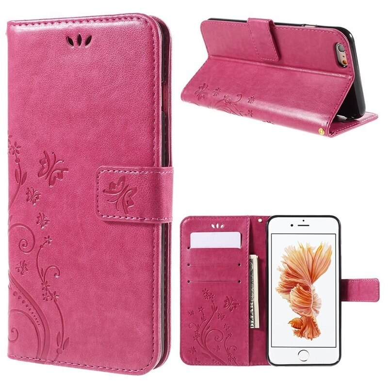 Läderfodral Fjärilar iPhone 6/6S Rosa - Fint plånboksfodral med mönster