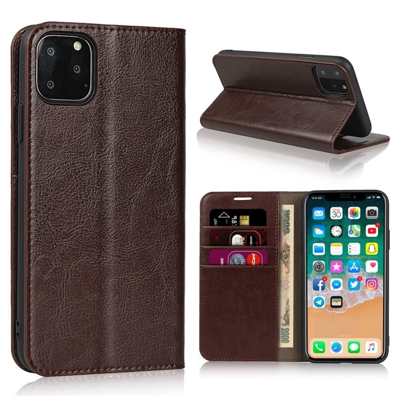 Mobilfodral Äkta Läder iPhone 11 Pro Mörkbrun - Tunt fodral med kortfack och ställfunktion