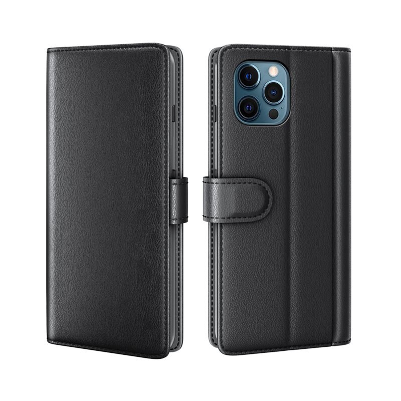 Äkta Läderfodral iPhone 12 Pro Max Svart - Stilrent plånboksfodral med plats för sedlar och kort