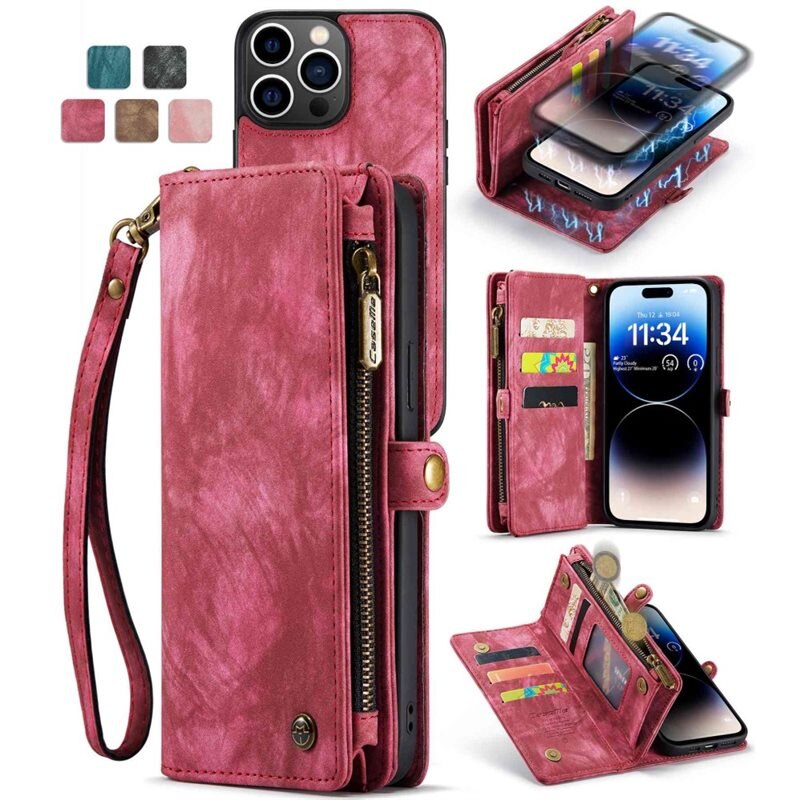 CaseMe Multi-slot Plånboksfodral iPhone 12 Pro Max Röd - Mobilfodral med extra många kortplatser - Korthållare