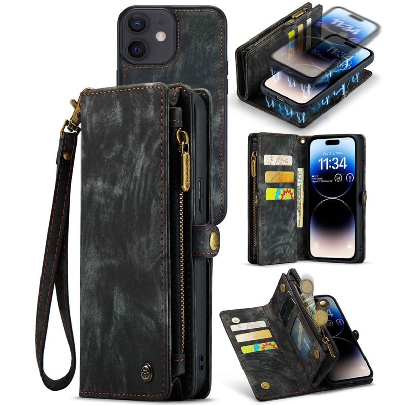 CaseMe Multi-slot Plånboksfodral iPhone 12/iPhone 12 Pro Grå - Mobilfodral med extra många kortplatser - Korthållare