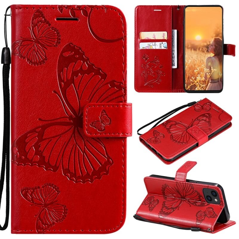 Läderfodral Fjärilar iPhone 13 Mini Röd - Fint plånboksfodral med mönster