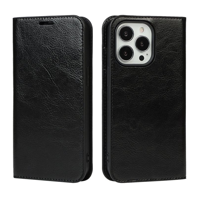 Mobilfodral Äkta Läder iPhone 12/iPhone 12 Pro Svart - Tunt fodral med kortfack och ställfunktion