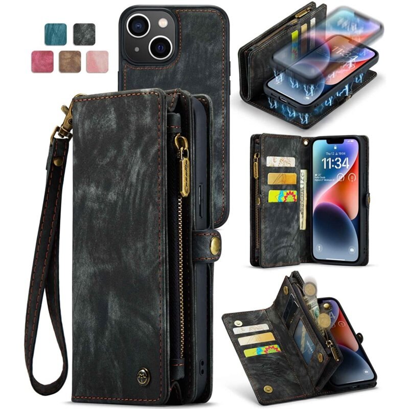 CaseMe Multi-slot Plånboksfodral iPhone 13 Mini Grå - Mobilfodral med extra många kortplatser - Korthållare