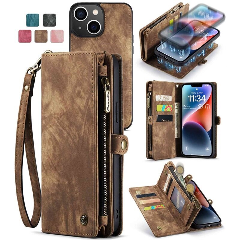 CaseMe Multi-slot Plånboksfodral iPhone 13 Brun - Mobilfodral med extra många kortplatser - Korthållare