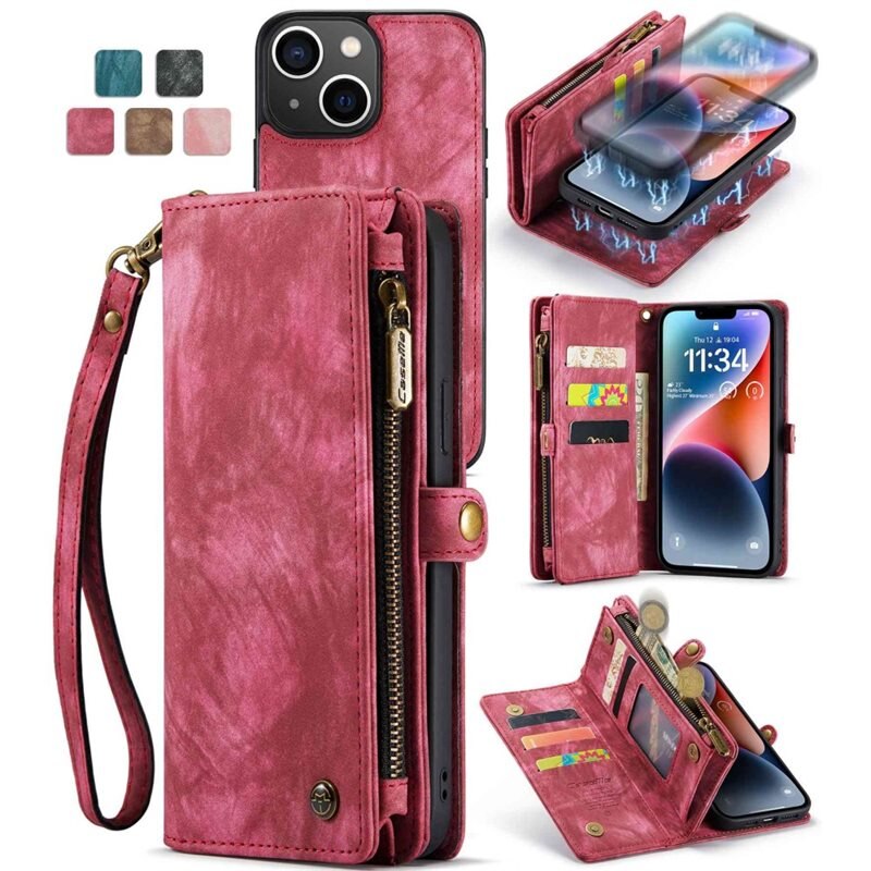 CaseMe Multi-slot Plånboksfodral iPhone 13 Röd - Mobilfodral med extra många kortplatser - Korthållare