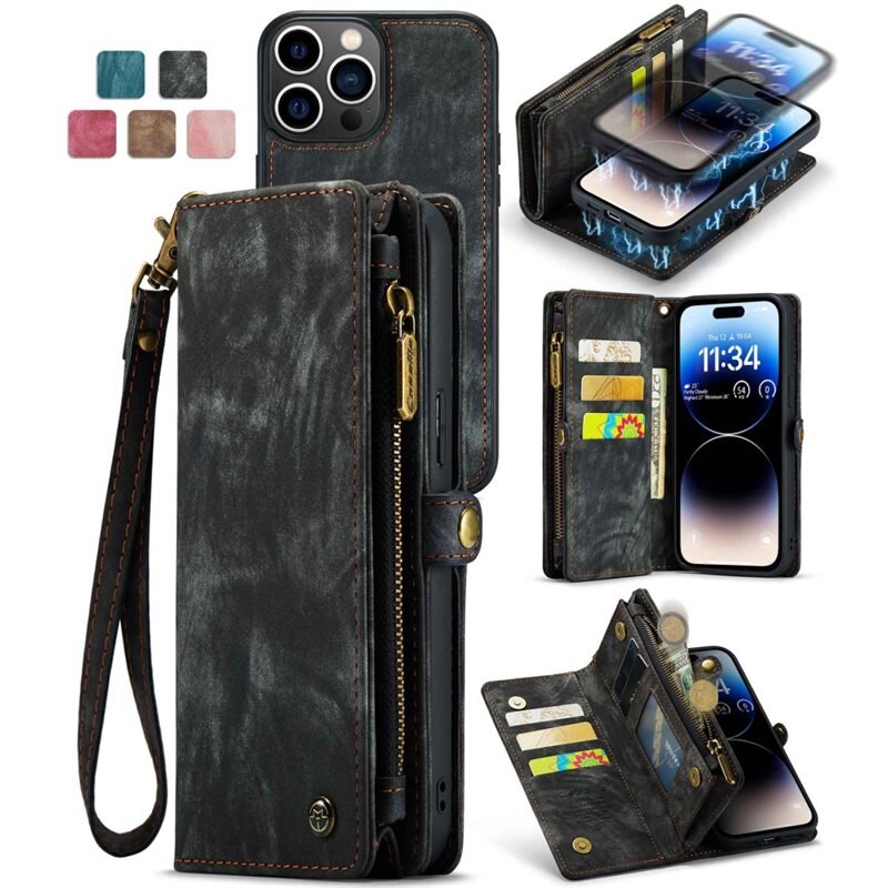 CaseMe Multi-slot Plånboksfodral iPhone 13 Pro Grå - Mobilfodral med extra många kortplatser - Korthållare