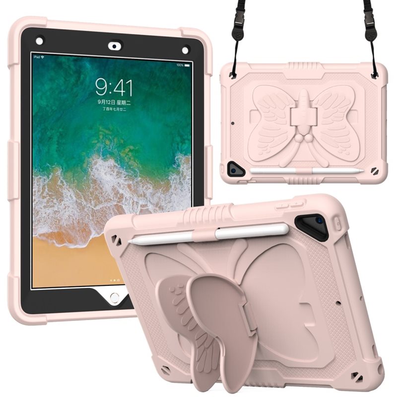 Hybridskal Fjäril med axelrem iPad 9.7 5th Gen (2017) rosa - Skyddande fodral