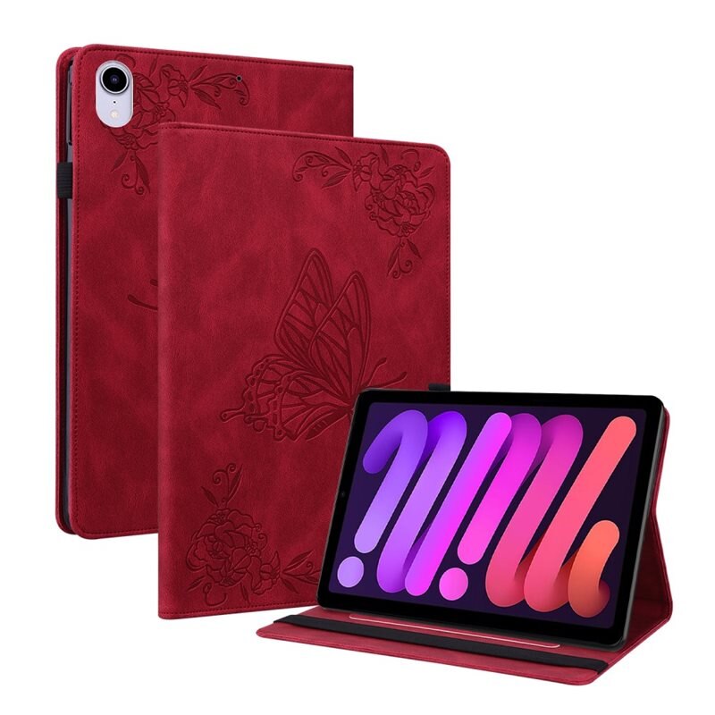 Läderfodral Fjärilar Apple iPad Mini 6th Gen (2021) Röd - Skyddande fodral i fin design