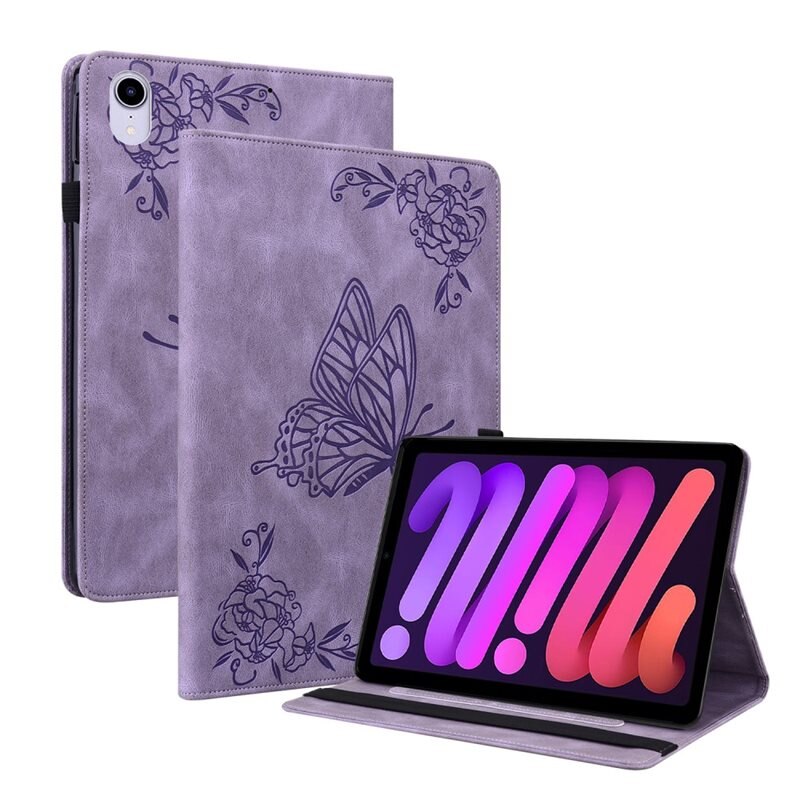 Läderfodral Fjärilar Apple iPad Mini 7th Gen (2024) Lila - Skyddande fodral i fin design