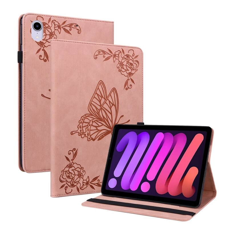 Läderfodral Fjärilar Apple iPad Mini 6th Gen (2021) Rosa - Skyddande fodral i fin design