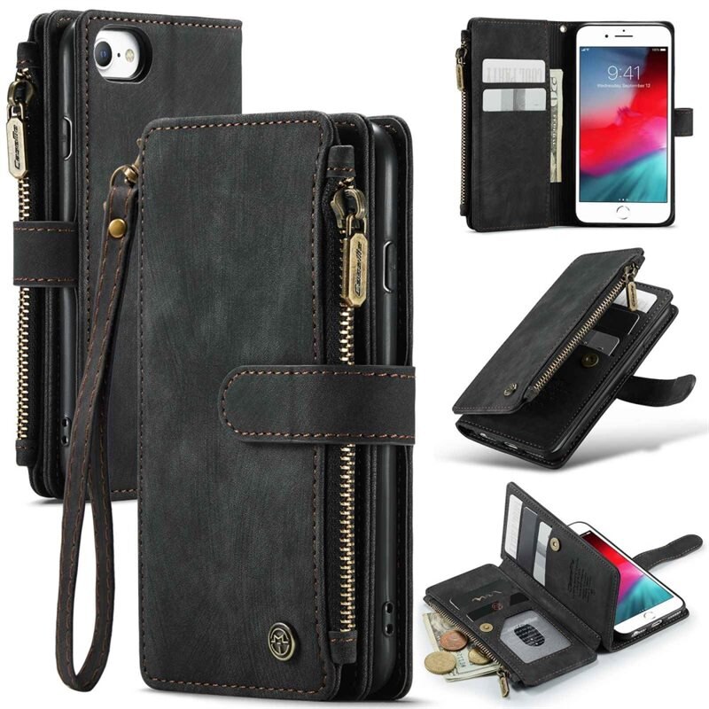 CaseMe Zipper Plånboksfodral iPhone SE 2020 Svart - Mobilfodral med inbyggd plånbok, myntfack och sedelficka
