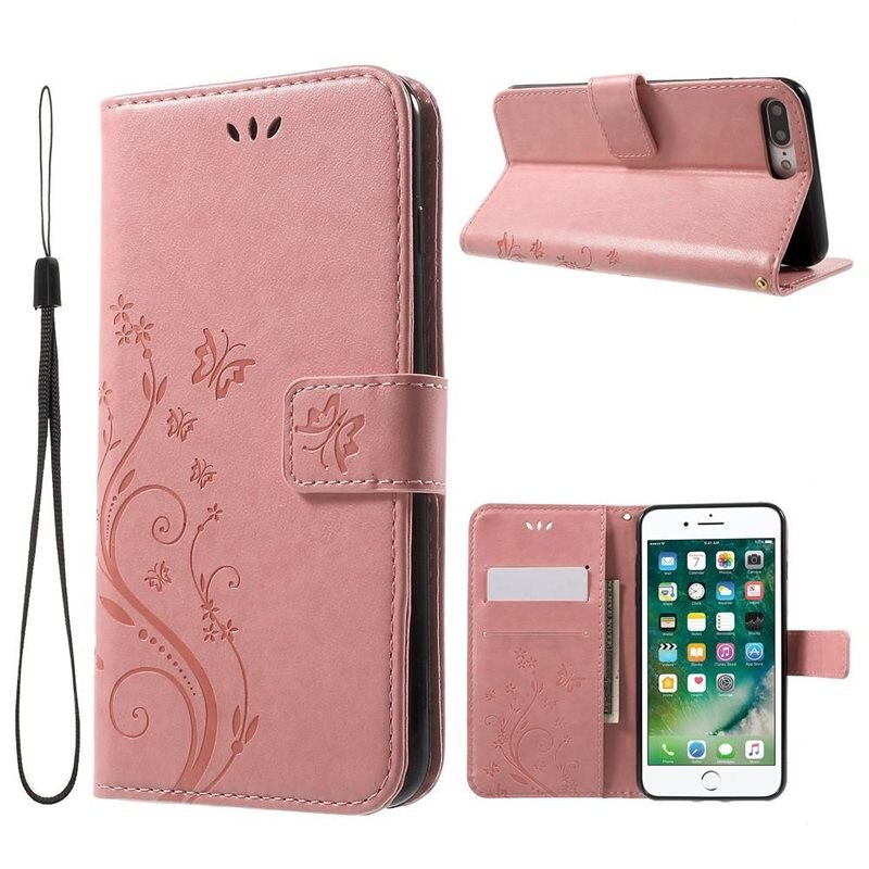 Läderfodral Fjärilar iPhone 7 Plus/iPhone 8 Plus Rosa - Fint plånboksfodral med mönster