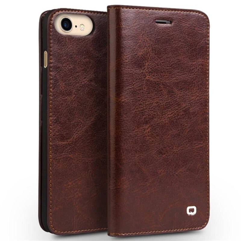 Qialino iPhone 8 Leather Wallet Case Brown - Plånboksfodral - Korthållare