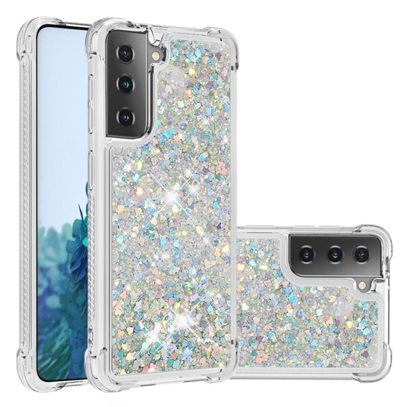 Glitter Powder TPU Skal Samsung Galaxy S21 silver - Glittrigt mobilskal