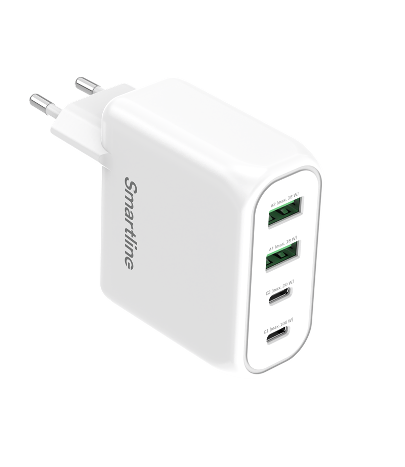 Smartline Väggladdare PD 100W 4 Port USB-C + USB-A vit
