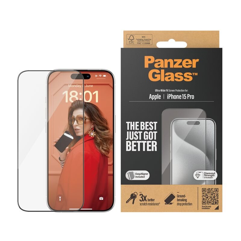 PanzerGlass iPhone 15 Pro Screen Protector (with EasyAligner) Ultra Wide Fit - Skärmskydd med oslagbar kvalitet. Med installationsram