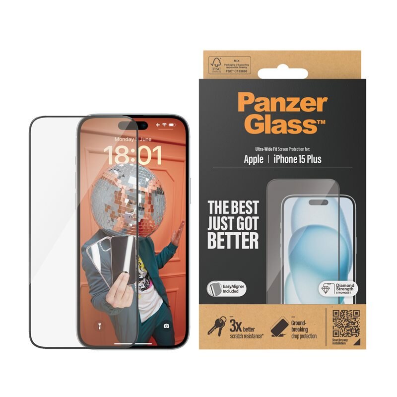 PanzerGlass iPhone 15 Plus Screen Protector (with EasyAligner) Ultra Wide Fit - Skärmskydd med oslagbar kvalitet. Med installationsram