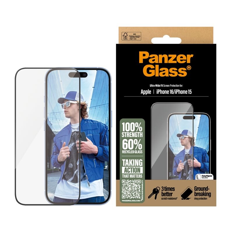 PanzerGlass iPhone 16 Screen Protector (with EasyAligner) Ultra Wide Fit - Skärmskydd med oslagbar kvalitet. Med installationsram