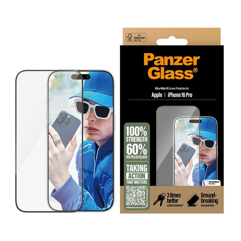 PanzerGlass iPhone 16 Pro Screen Protector (with EasyAligner) Ultra Wide Fit - Skärmskydd med oslagbar kvalitet. Med installationsram