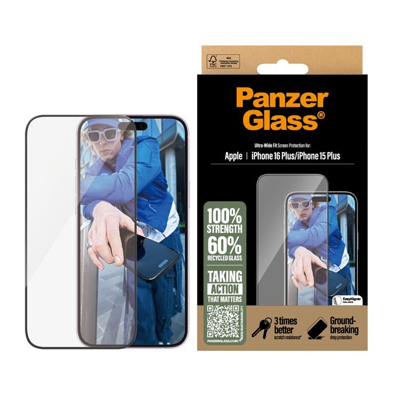 PanzerGlass iPhone 16 Plus Screen Protector (with EasyAligner) Ultra Wide Fit - Skärmskydd med oslagbar kvalitet. Med installationsram
