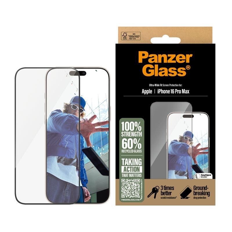 PanzerGlass iPhone 16 Pro Max Screen Protector (with EasyAligner) Ultra Wide Fit - Skärmskydd med oslagbar kvalitet. Med installationsram