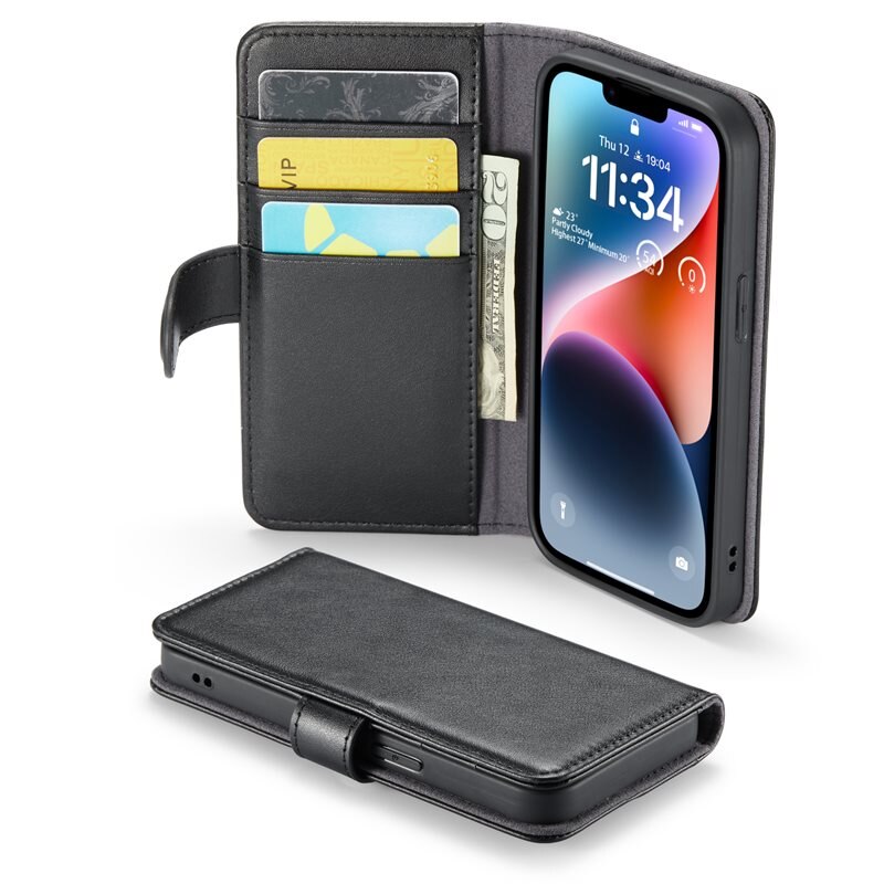Mobique Äkta Läderfodral iPhone 13 Mini Svart - Stilrent plånboksfodral med plats för sedlar och kort