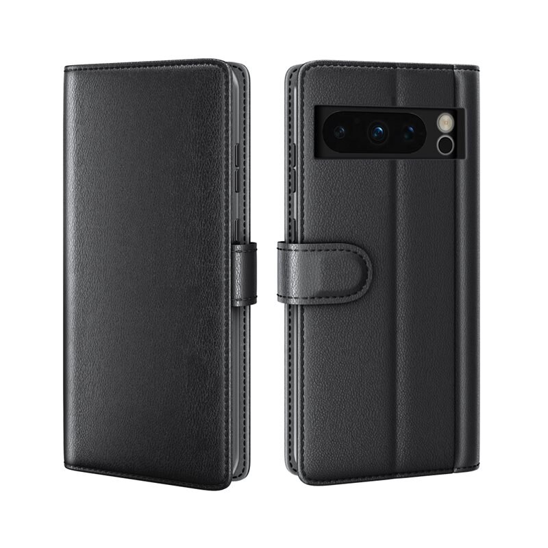 Äkta Läderfodral Google Pixel 8 Pro Svart - Stilrent plånboksfodral med plats för sedlar och kort