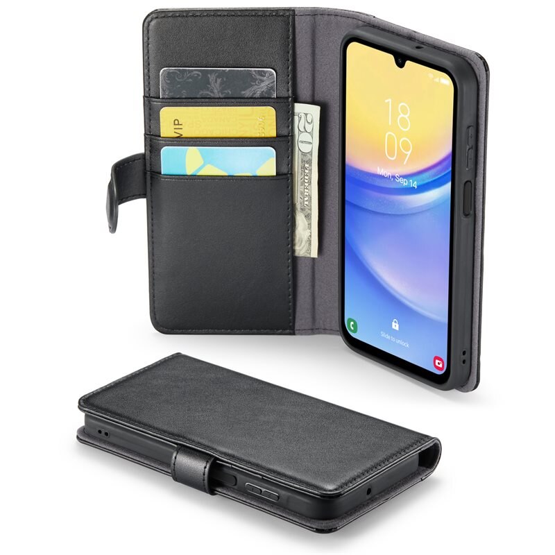 Mobique Äkta Läderfodral Samsung Galaxy A15 Svart - Stilrent plånboksfodral med plats för sedlar och kort