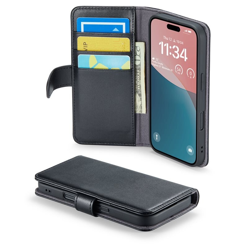 Mobique Äkta Läderfodral iPhone 16 Svart - Stilrent plånboksfodral med plats för sedlar och kort