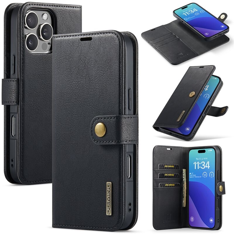 DG.MING Magnet Wallet iPhone 16 Pro Max Black - Stilrent läderfodral med avtagbart magnetiskt skal