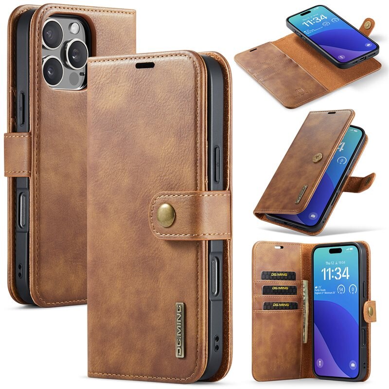 DG.MING Magnet Wallet iPhone 16 Pro Cognac - Stilrent läderfodral med avtagbart magnetiskt skal