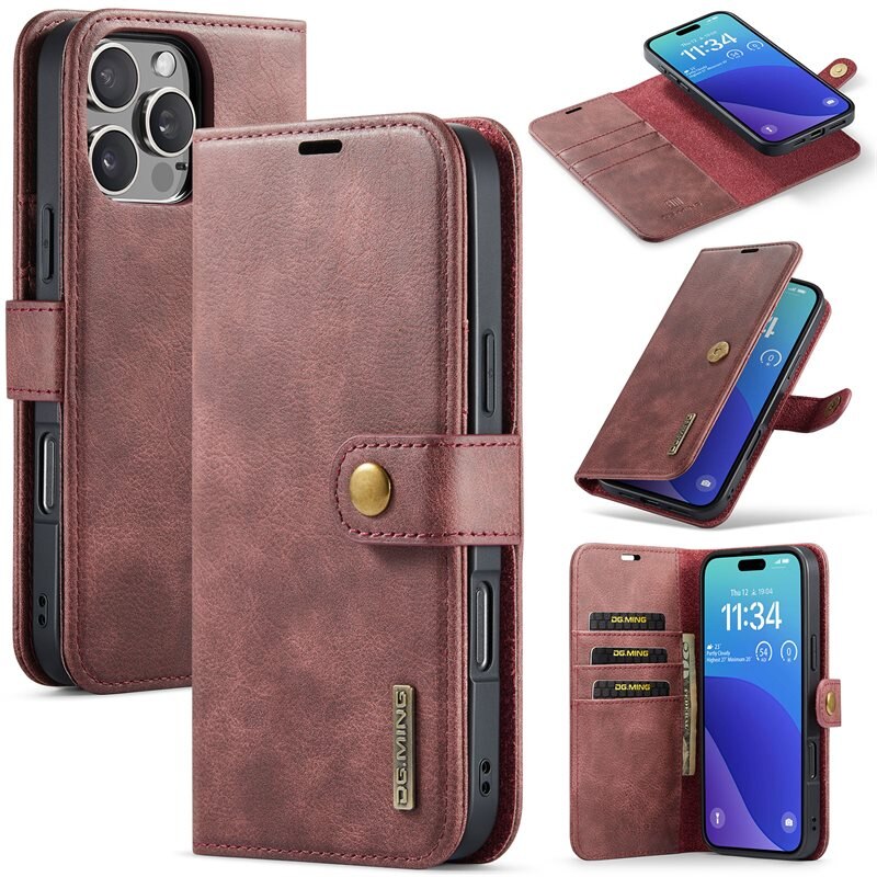 DG.MING Magnet Wallet iPhone 16 Pro Red - Stilrent läderfodral med avtagbart magnetiskt skal