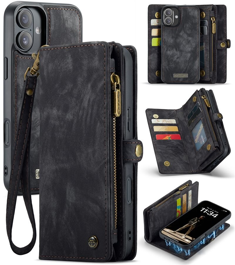 CaseMe Multi-slot Plånboksfodral iPhone 16 Plus Grå - Mobilfodral med extra många kortplatser - Korthållare