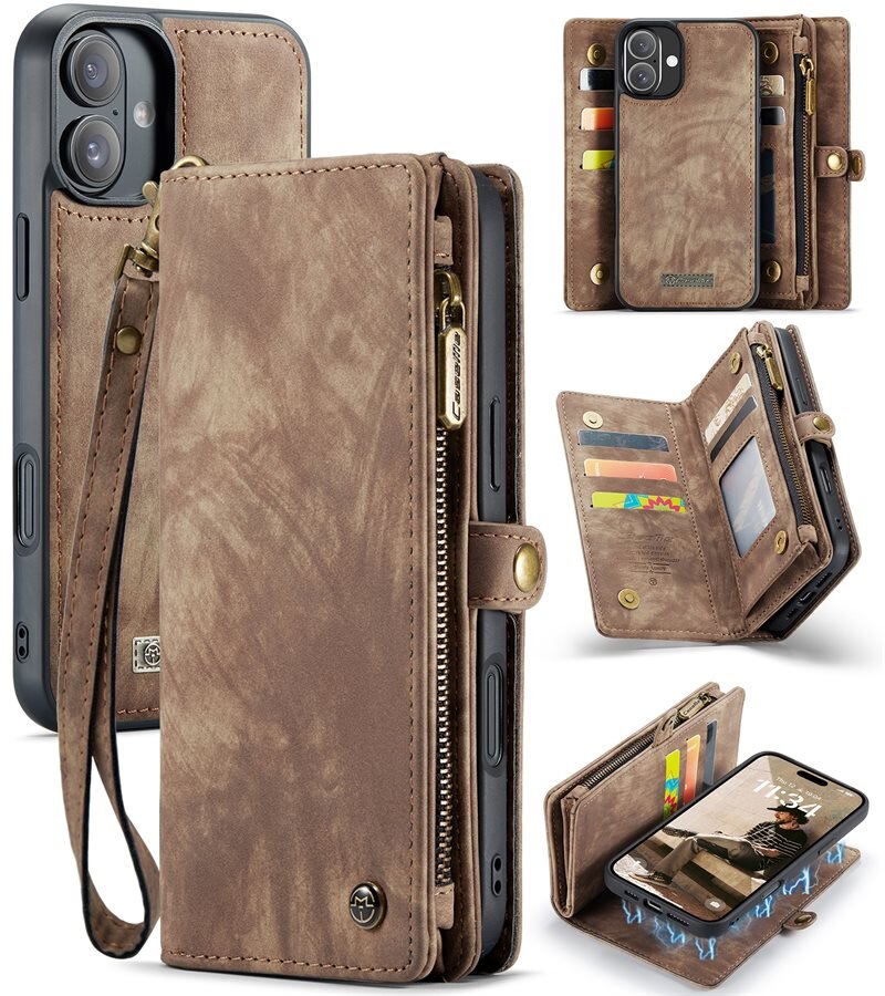 CaseMe Multi-slot Plånboksfodral iPhone 16 Brun - Mobilfodral med extra många kortplatser - Korthållare