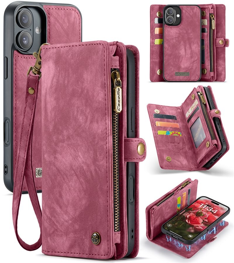 CaseMe Multi-slot Plånboksfodral iPhone 16 Plus Röd - Mobilfodral med extra många kortplatser - Korthållare