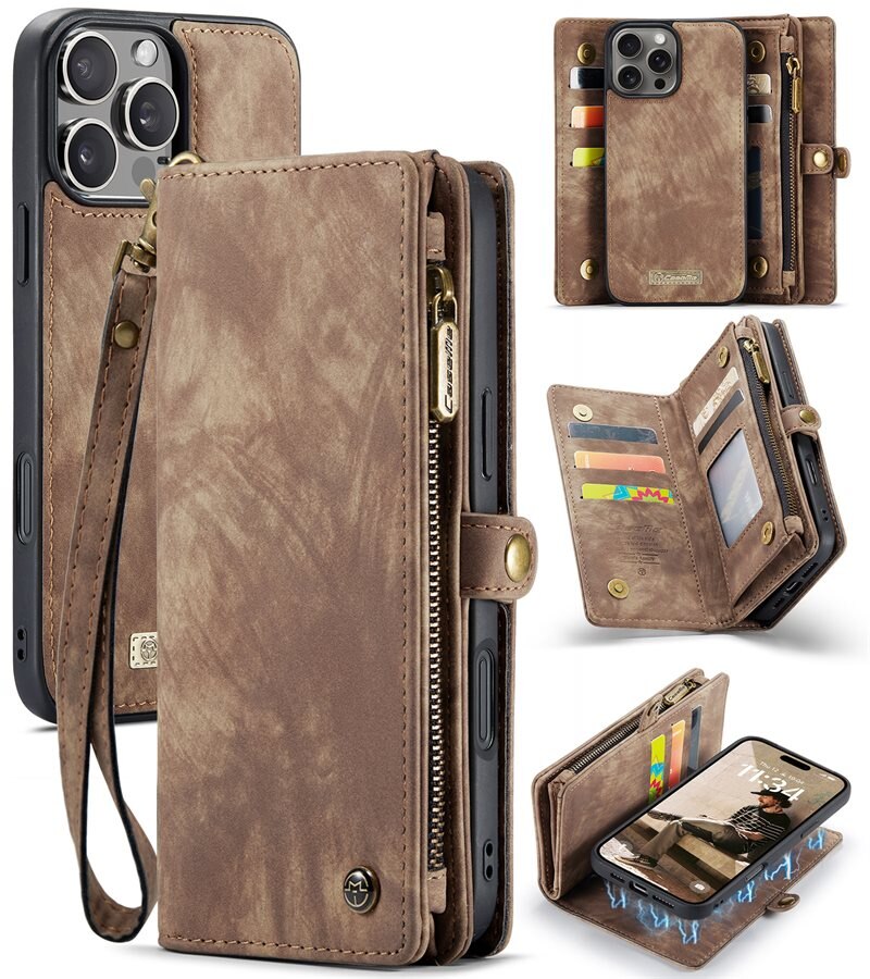 CaseMe Multi-slot Plånboksfodral iPhone 16 Pro Max Brun - Mobilfodral med extra många kortplatser - Korthållare