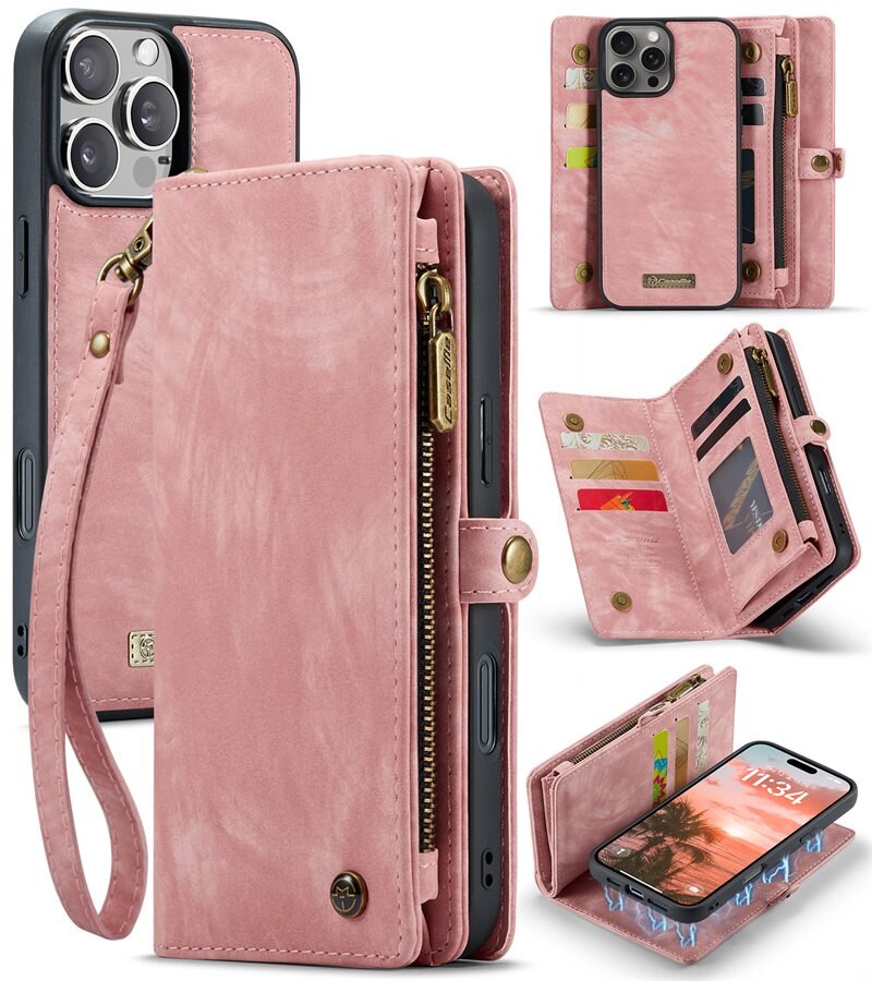CaseMe Multi-slot Plånboksfodral iPhone 16 Pro Rosa - Mobilfodral med extra många kortplatser - Korthållare