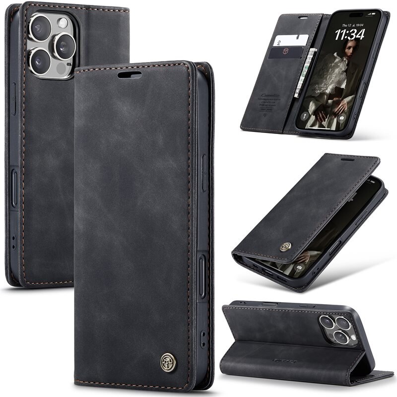 CaseMe Slim Plånboksfodral iPhone 16 Pro Svart - Tunt mobilfodral med plånbok