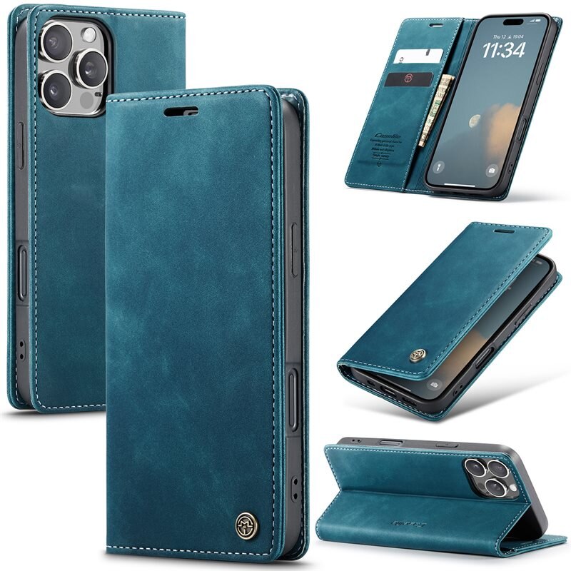 CaseMe Slim Plånboksfodral iPhone 16 Pro Blå - Tunt mobilfodral med plånbok