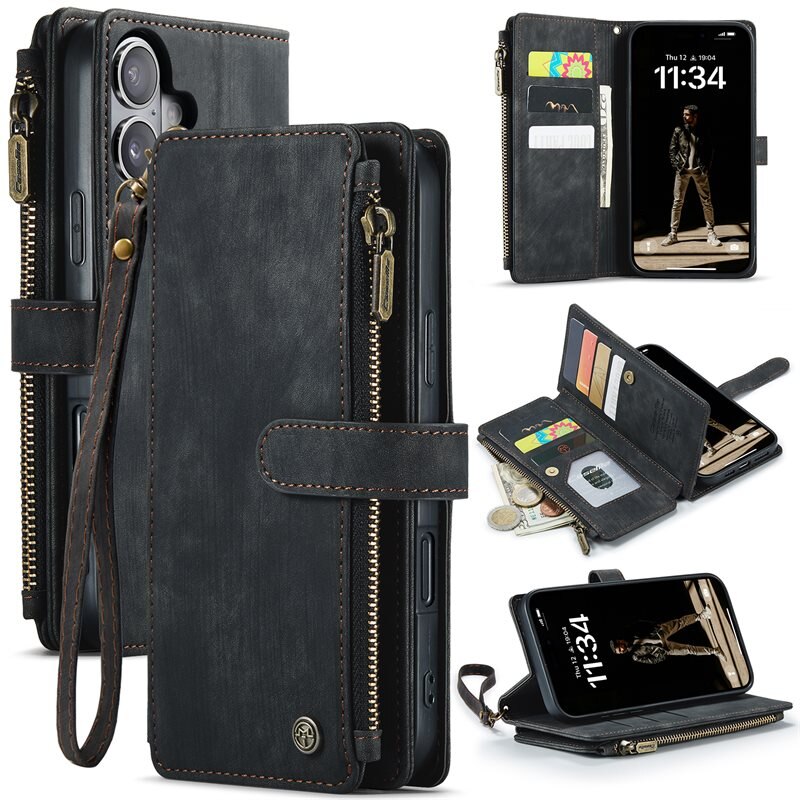 CaseMe Zipper Plånboksfodral iPhone 16 Svart - Mobilfodral med inbyggd plånbok, myntfack och sedelficka
