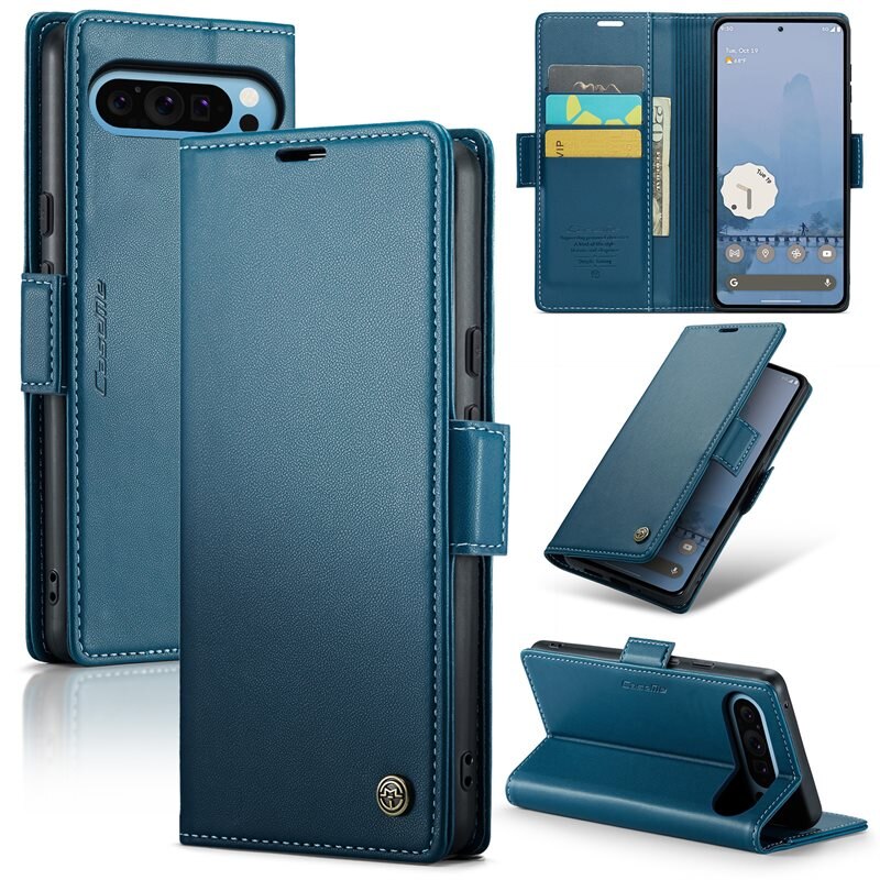 CaseMe Slim Plånboksfodral RFID-skydd Google Pixel 10 Pro XL Blå - Tunt mobilfodral med plånbok och RFID-skydd