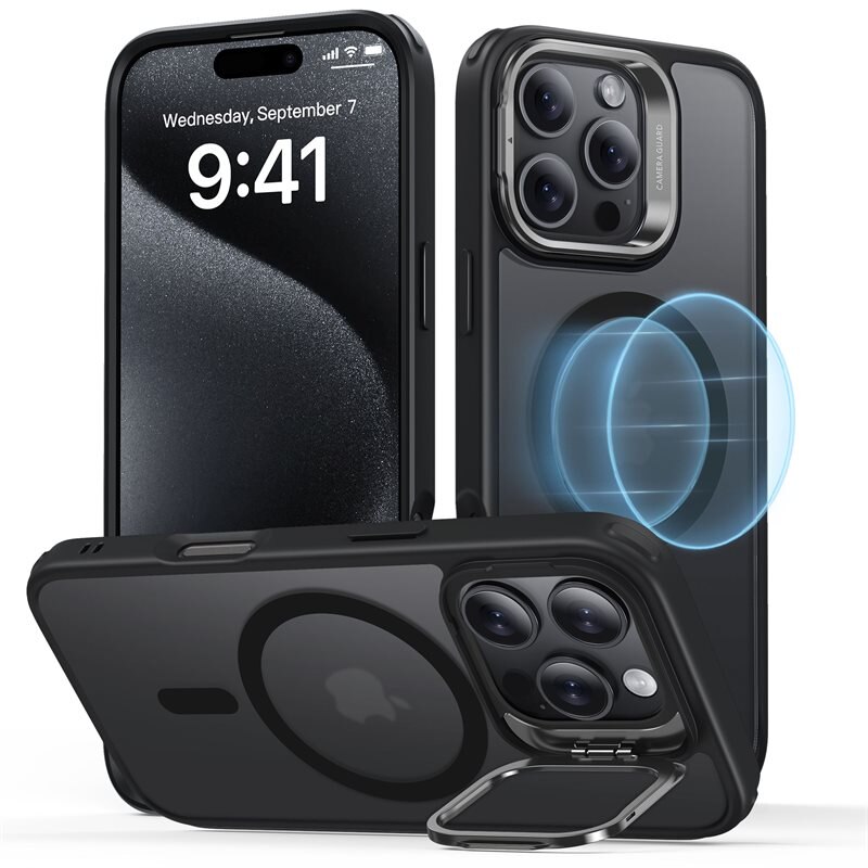 ESR Classic Kickstand HaloLock MagSafe iPhone 16 Pro Frosted Black - Stöttåligt magnetiskt skal med utfällbart stöd