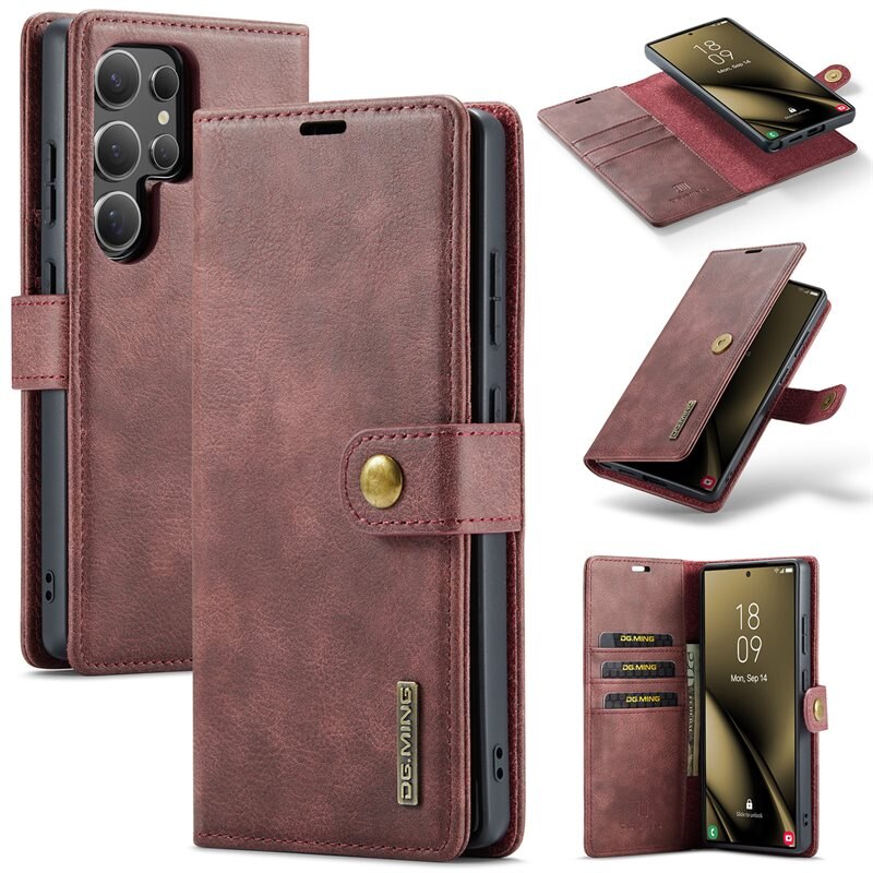 DG.MING Magnet Wallet Samsung Galaxy S25 Ultra Red - Stilrent läderfodral med avtagbart magnetiskt skal