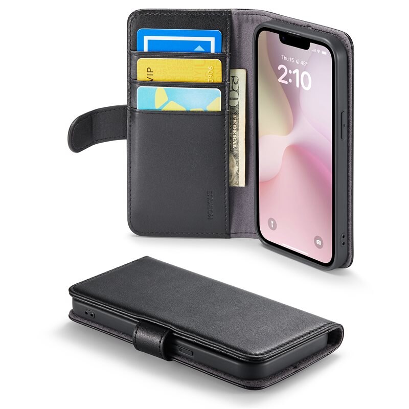 Mobique Äkta Läderfodral iPhone 16e Svart - Stilrent plånboksfodral med plats för sedlar och kort