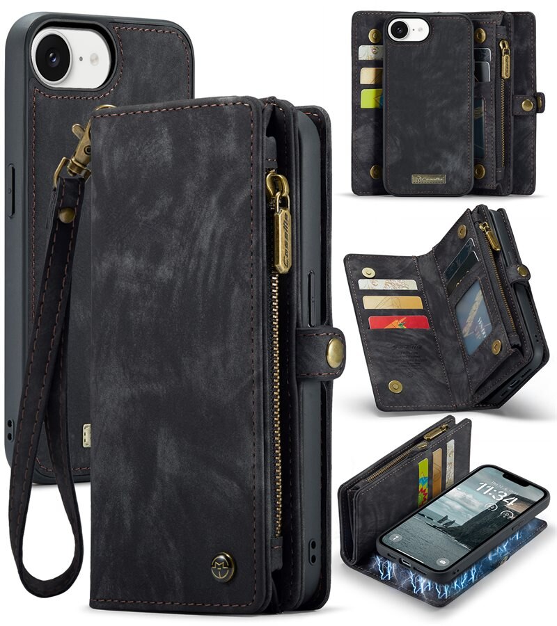 CaseMe Multi-slot Plånboksfodral iPhone 16e Grå - Mobilfodral med extra många kortplatser - Korthållare