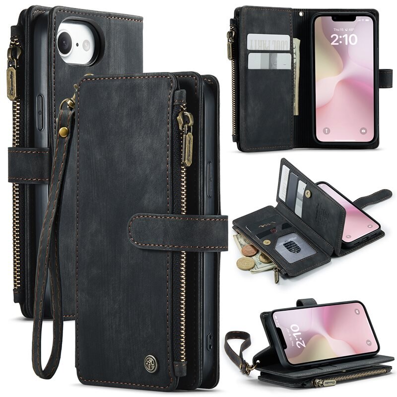 CaseMe Zipper Plånboksfodral iPhone 16e Svart - Mobilfodral med inbyggd plånbok, myntfack och sedelficka