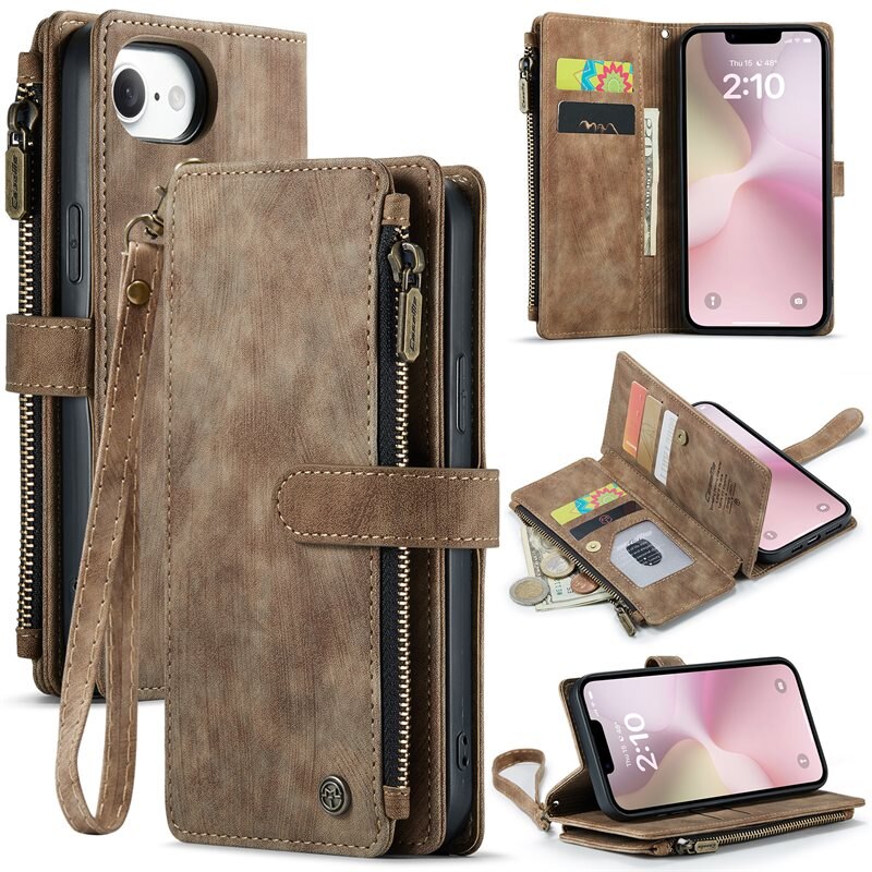 CaseMe Zipper Plånboksfodral iPhone 16e Brun - Mobilfodral med inbyggd plånbok, myntfack och sedelficka