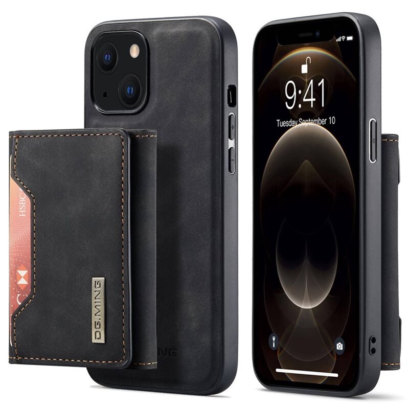DG.MING Magnetic Card Slot Skal iPhone 15 Svart - Stilrent läderskal med avtagbar plånbok och stativfunktion