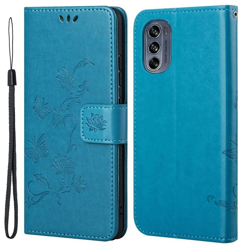 Läderfodral Fjärilar Motorola Moto G62 Blå - Fint plånboksfodral med mönster